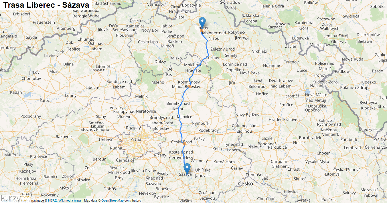 Liberec-Sázava, mapa trasy