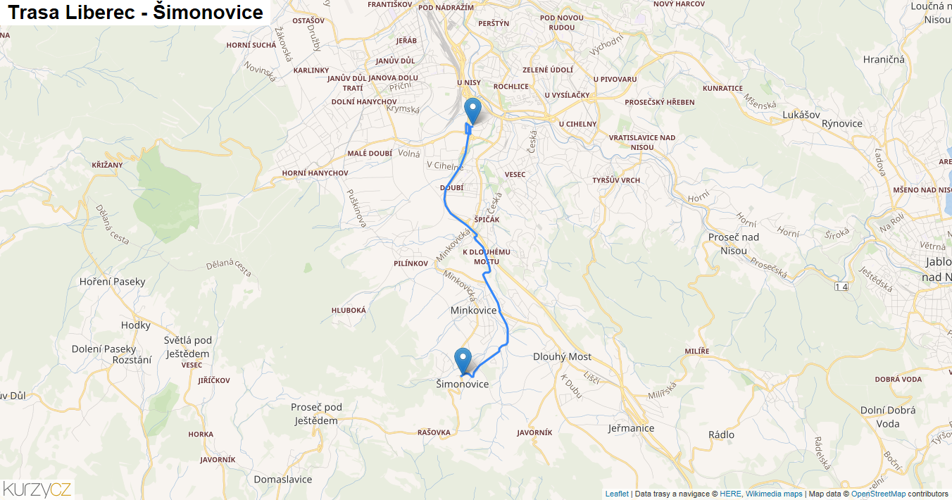 Liberec-Šimonovice, mapa trasy