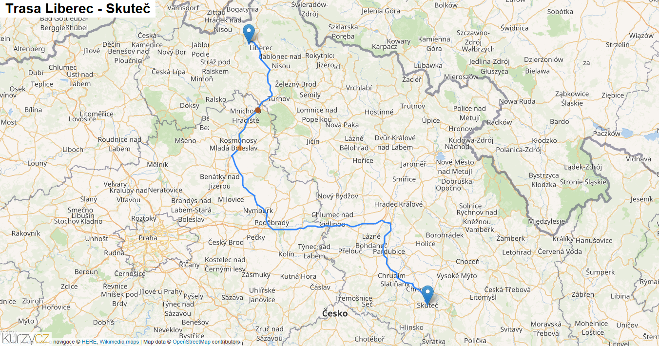 Liberec-Skuteč, mapa trasy