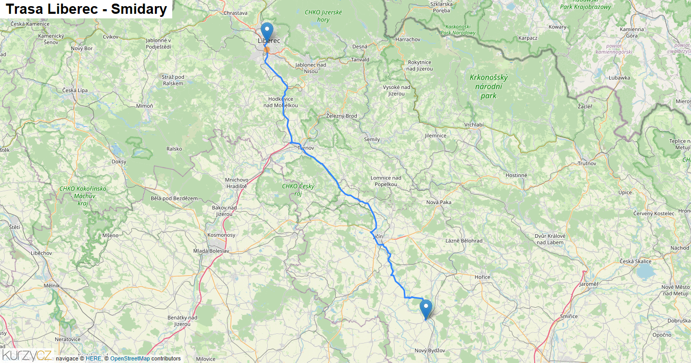 Liberec-Smidary, mapa trasy