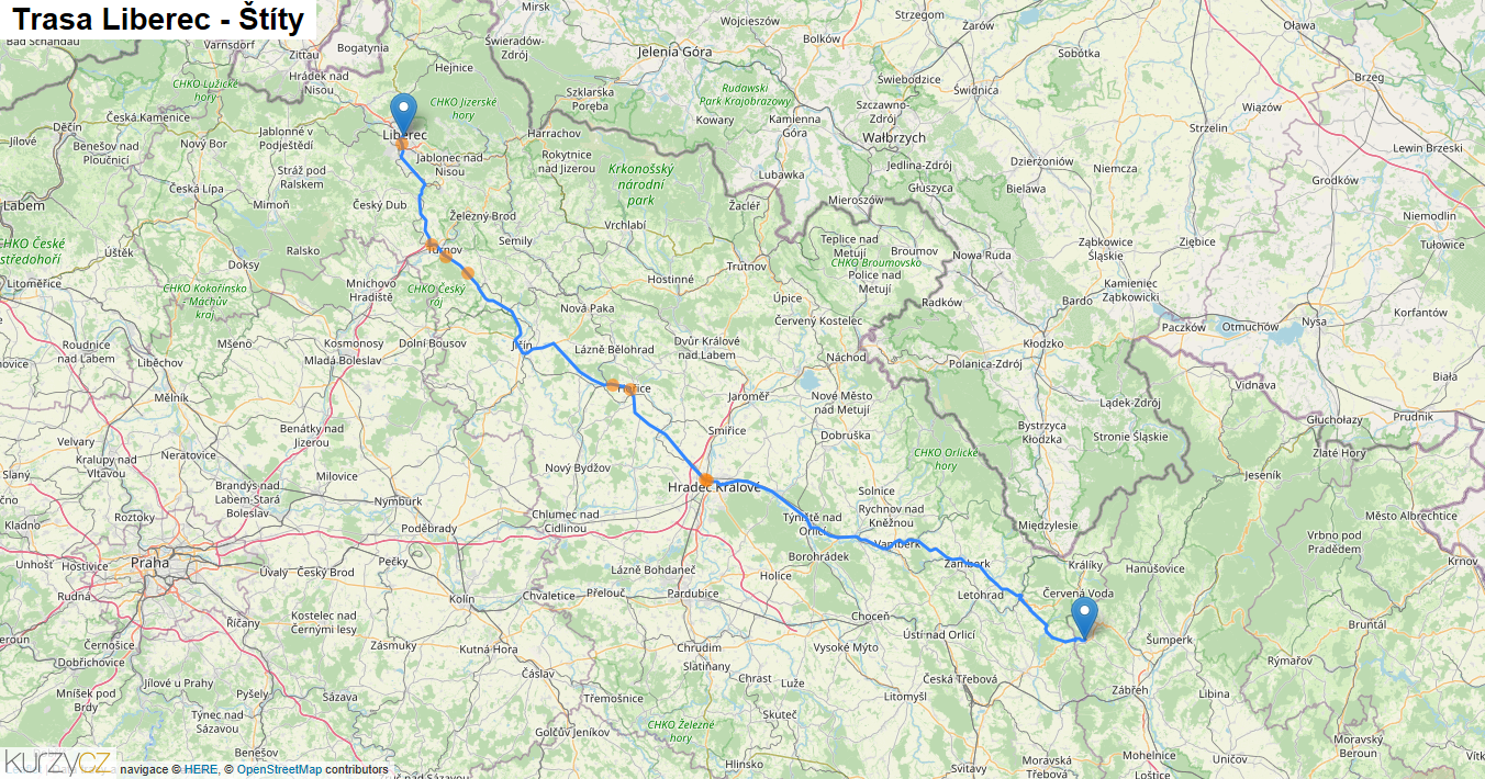 Liberec-Štíty, mapa trasy