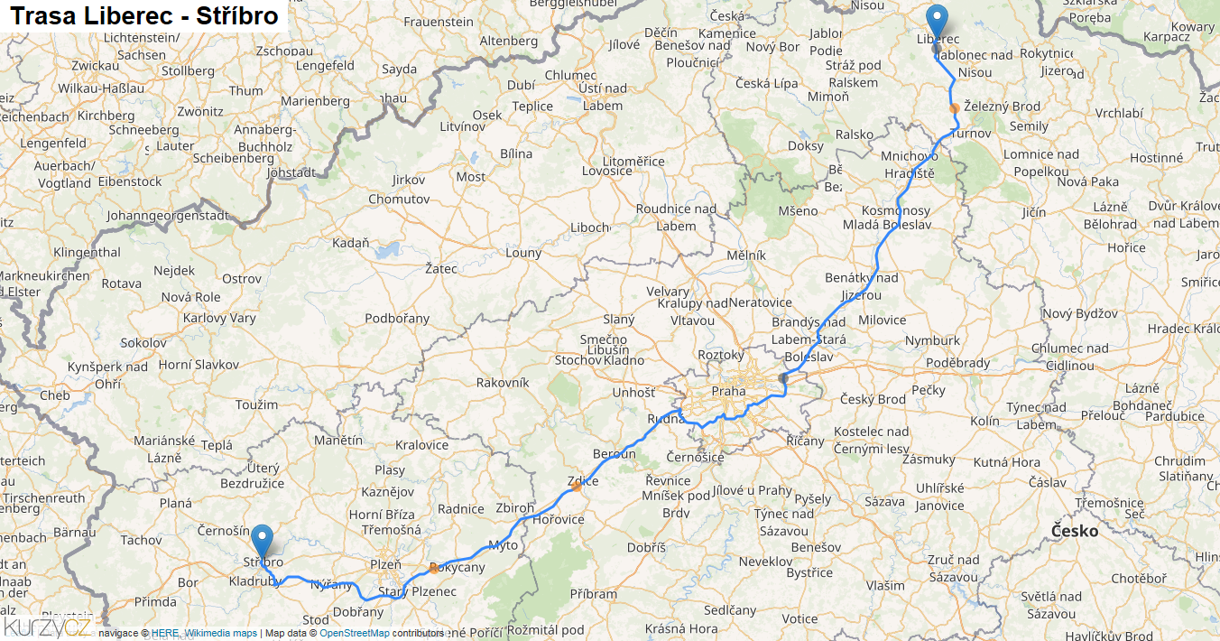Liberec-Stříbro, mapa trasy