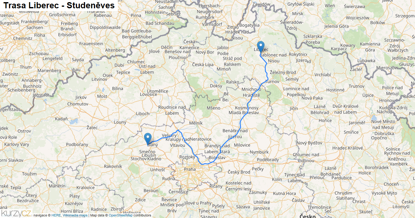 Liberec-Studeněves, mapa trasy
