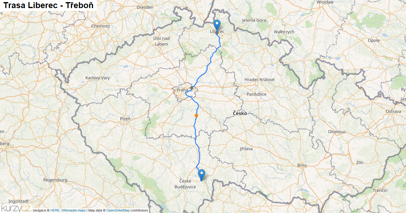 Liberec-Třeboň, mapa trasy