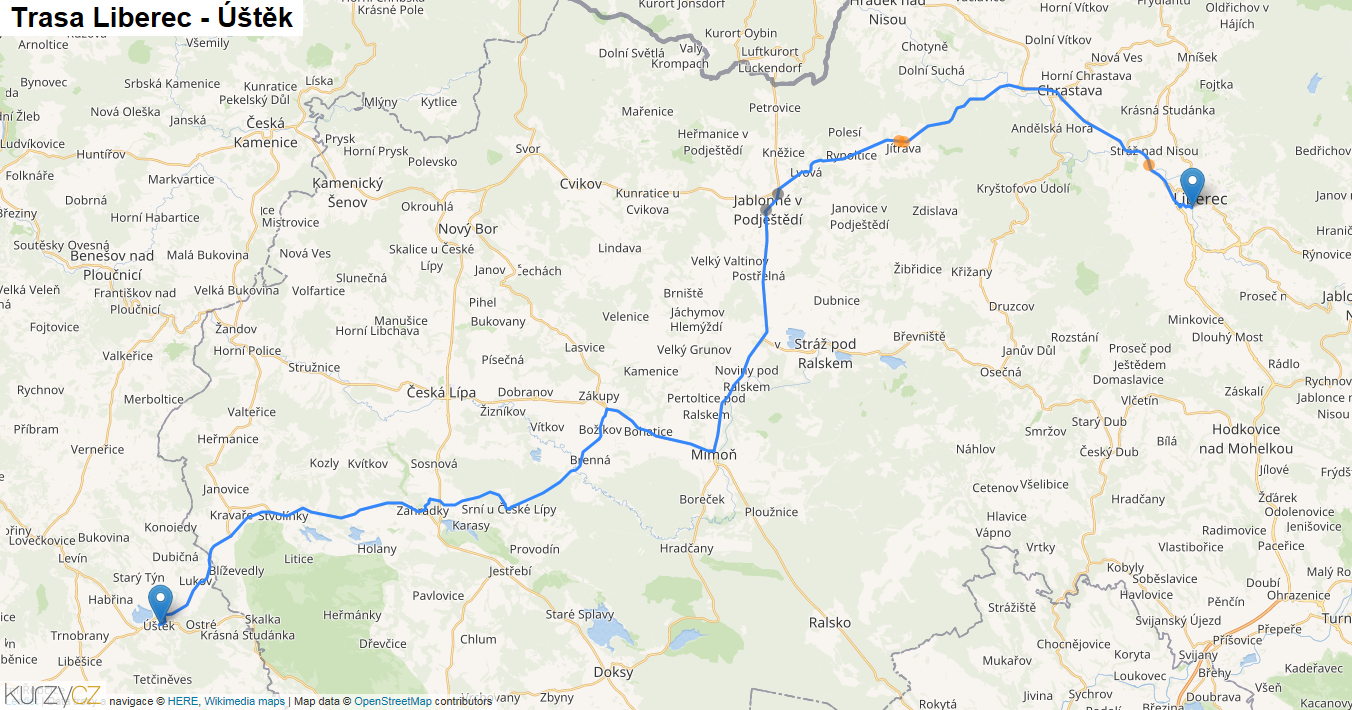 Liberec-Úštěk, mapa trasy