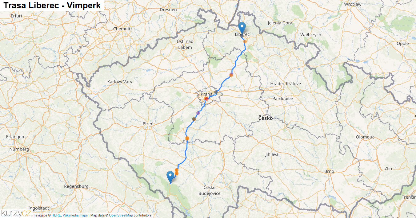 Liberec-Vimperk, mapa trasy