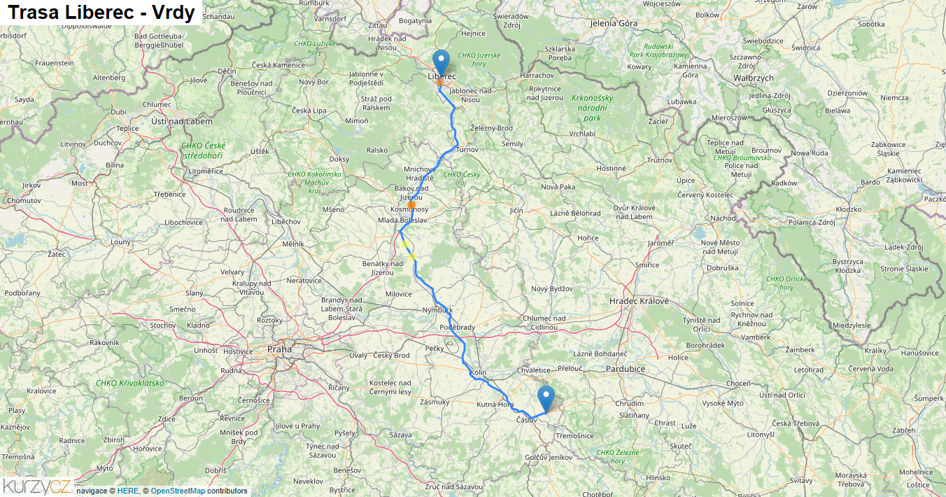 Liberec-Vrdy, mapa trasy