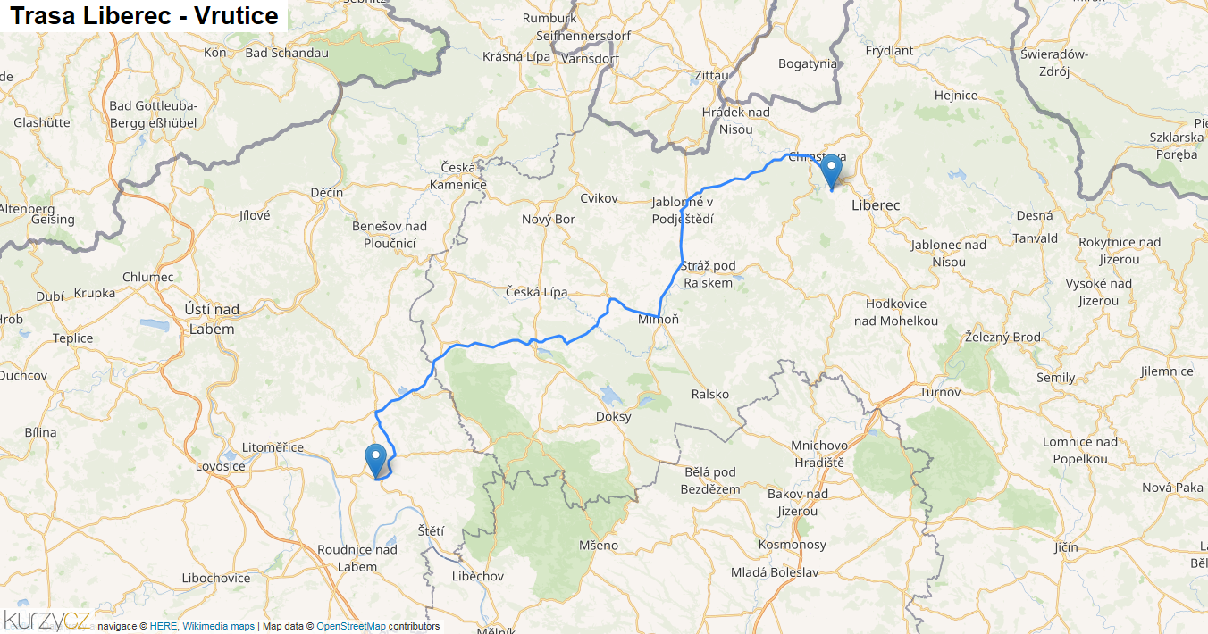 Liberec-Vrutice, mapa trasy