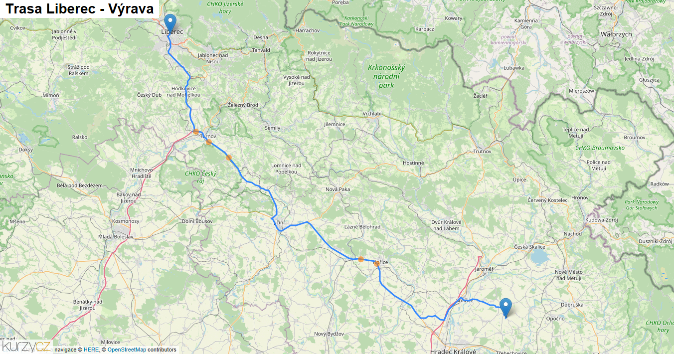 Liberec-Výrava, mapa trasy