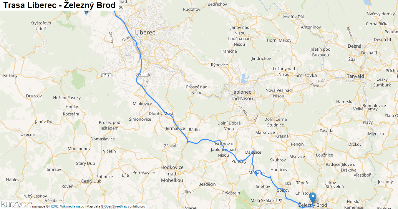Liberec-Železný Brod, mapa trasy