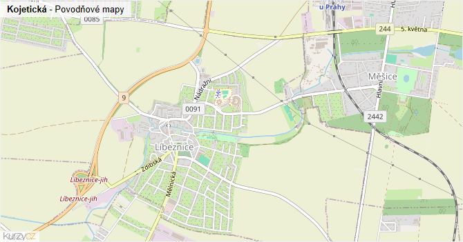Kojetická - záplavové mapy stoleté vody