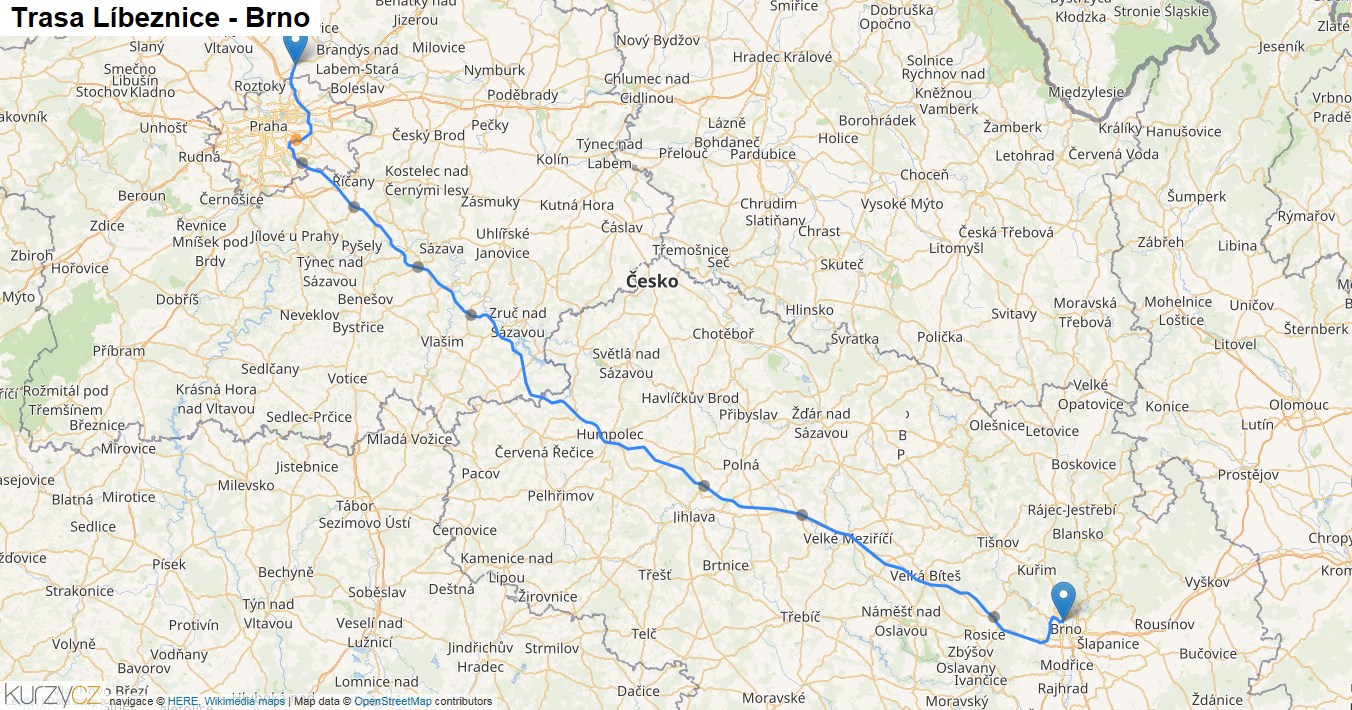 Líbeznice-Brno, mapa trasy