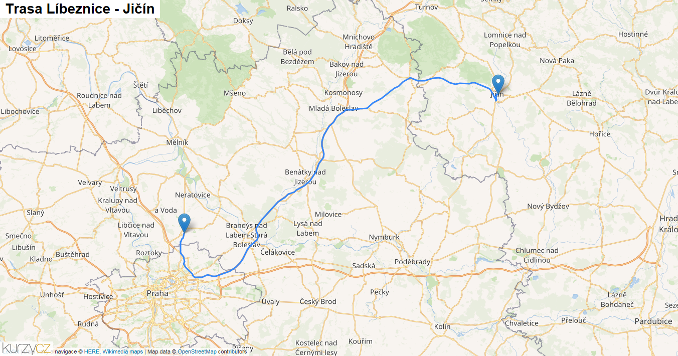 Líbeznice-Jičín, mapa trasy