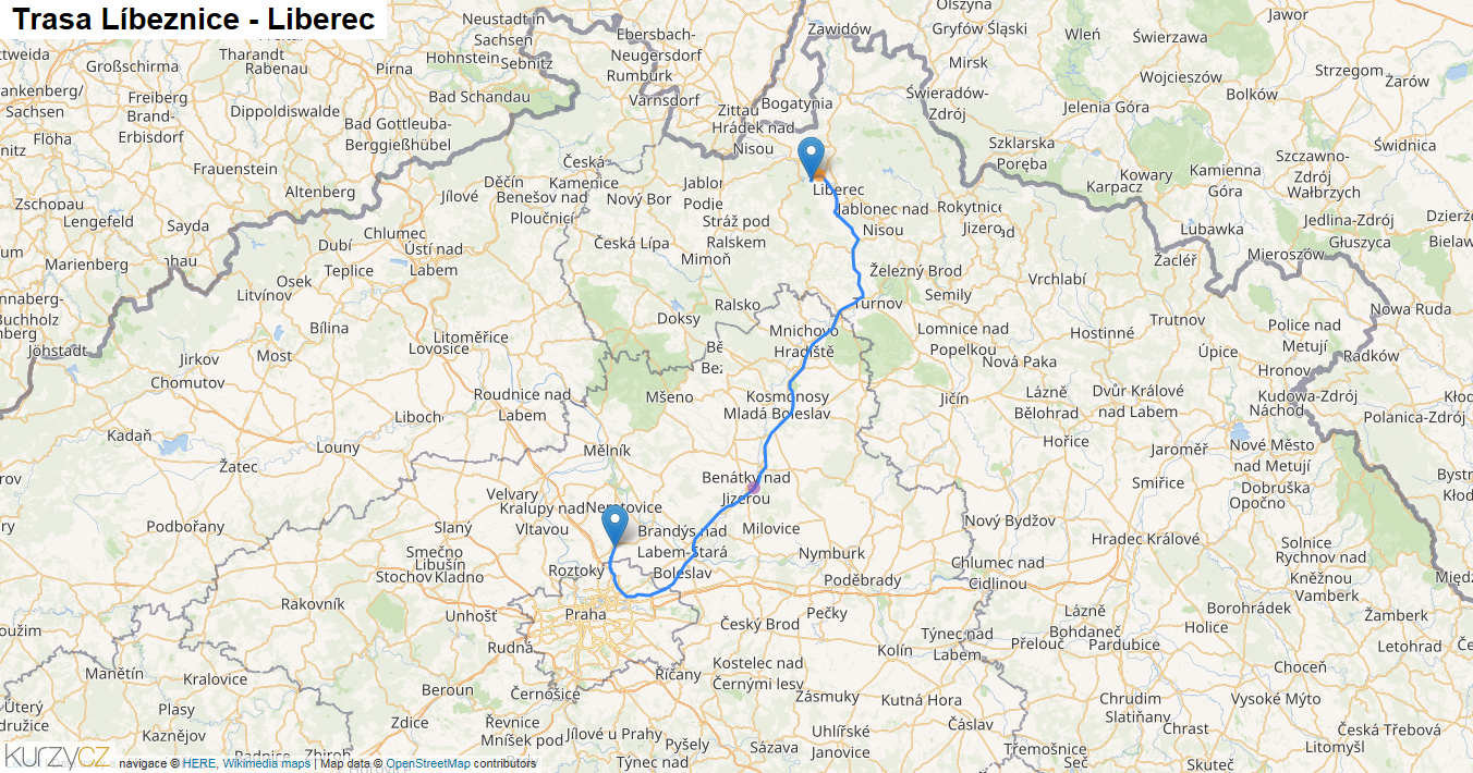 Líbeznice-Liberec, mapa trasy