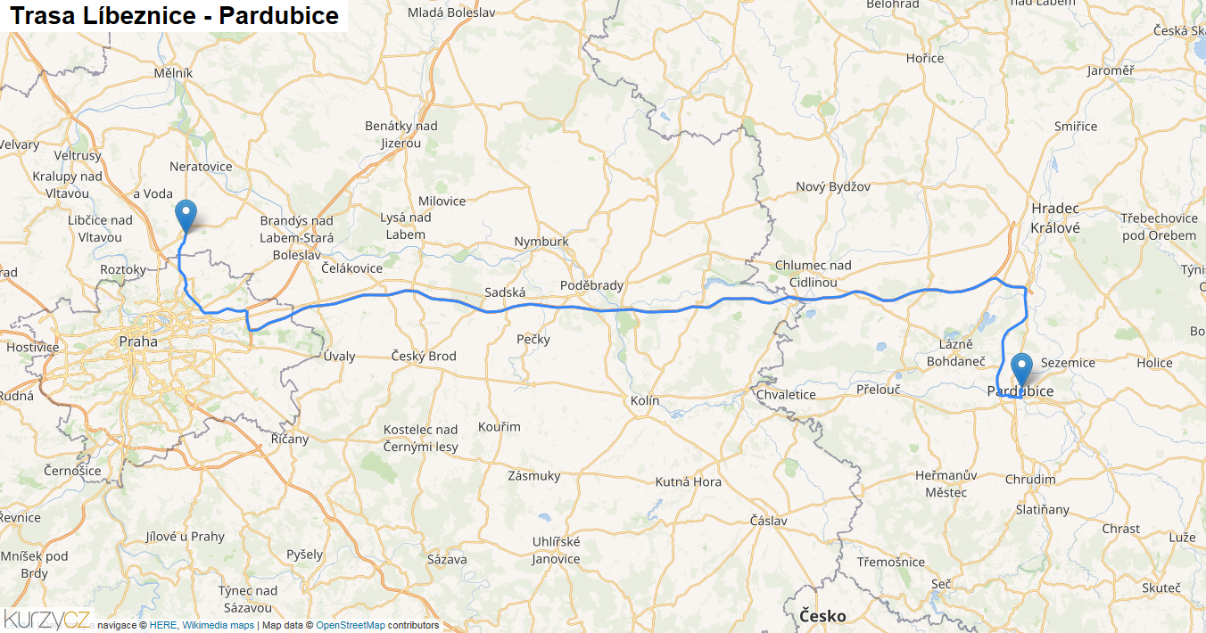 Líbeznice-Pardubice, mapa trasy