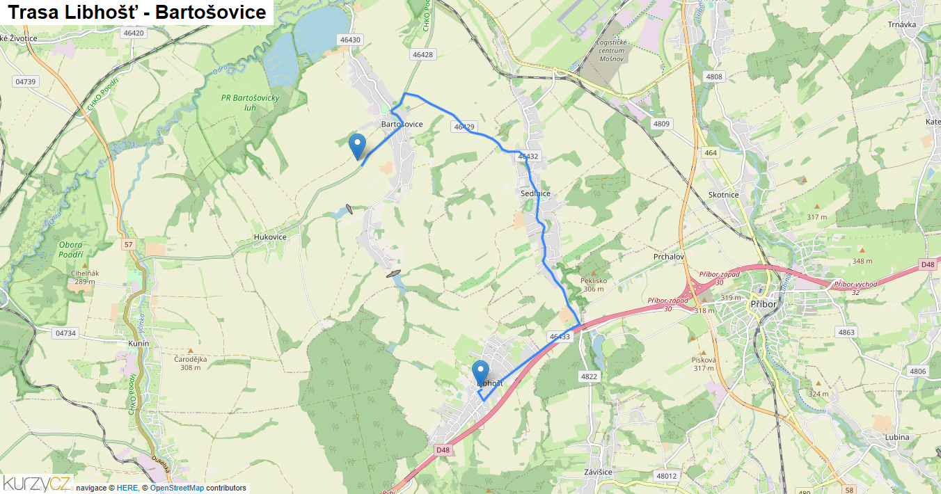 Libhošť-Bartošovice, mapa trasy