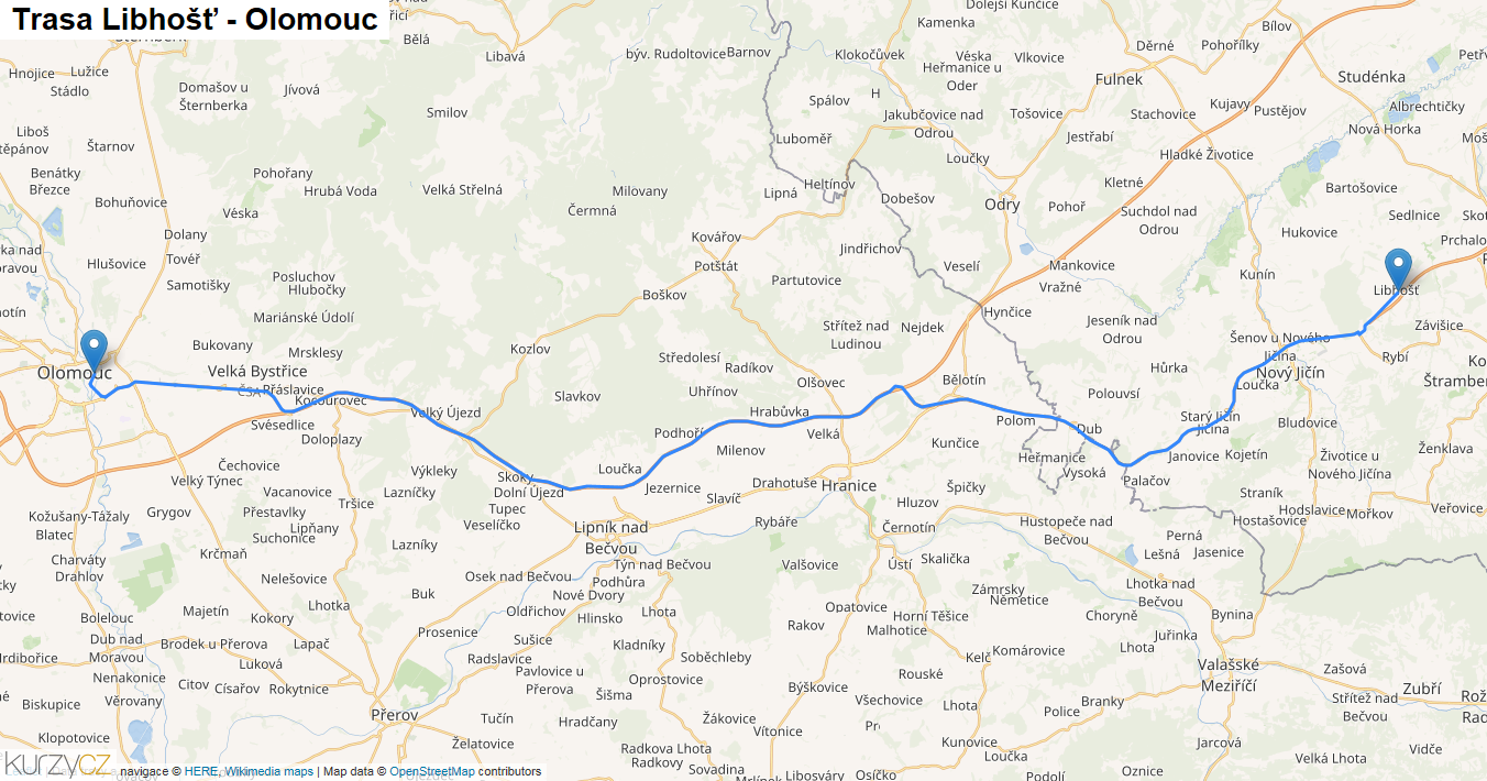 Libhošť-Olomouc, mapa trasy