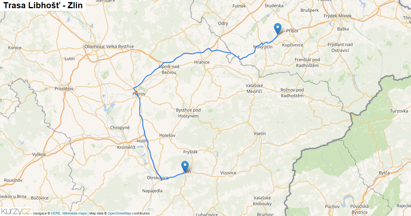 Libhošť-Zlín, mapa trasy