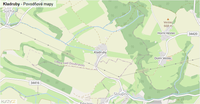 Kladruby - záplavové mapy stoleté vody