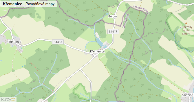 Křemenice - záplavové mapy stoleté vody
