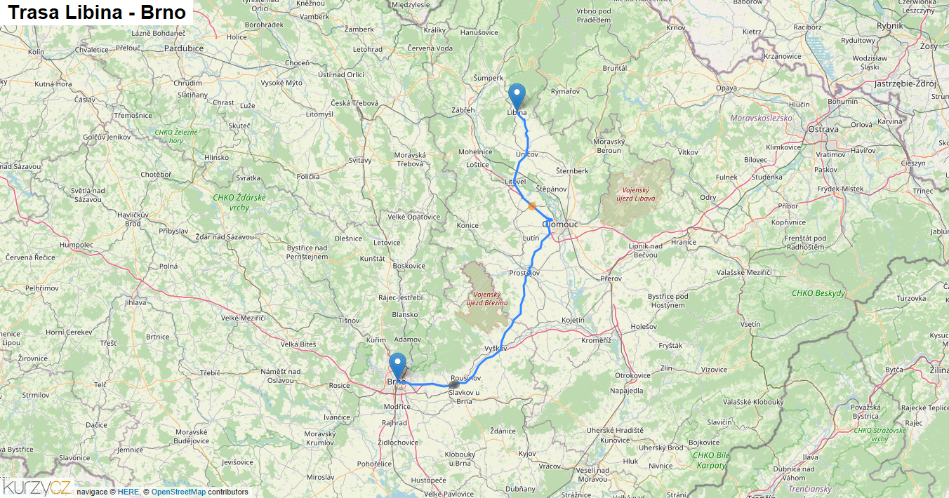 Libina-Brno, mapa trasy