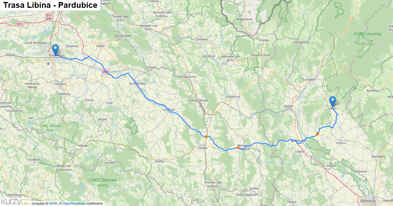 Libina-Pardubice, mapa trasy