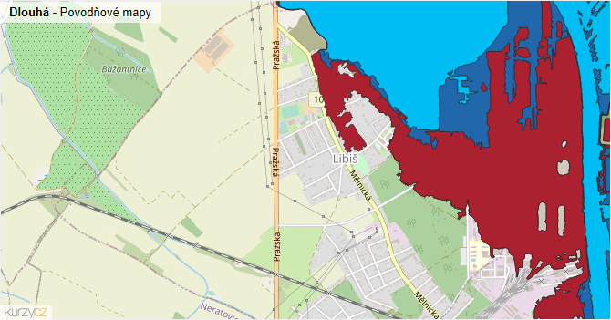 Dlouhá - záplavové mapy stoleté vody