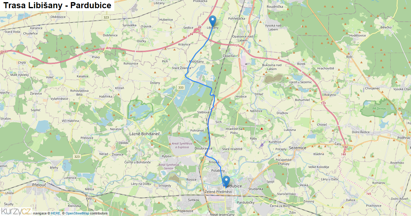 Libišany-Pardubice, mapa trasy