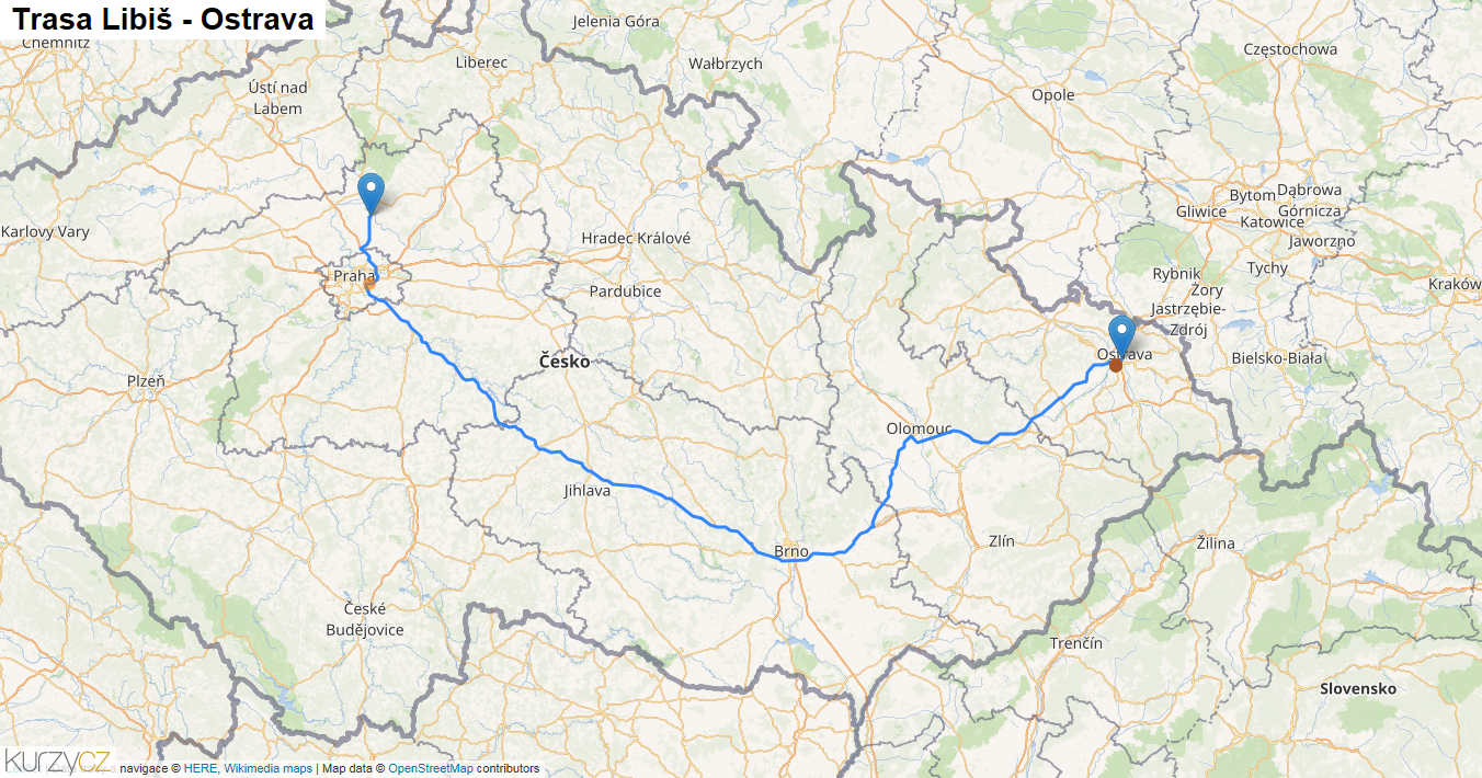 Libiš-Ostrava, mapa trasy