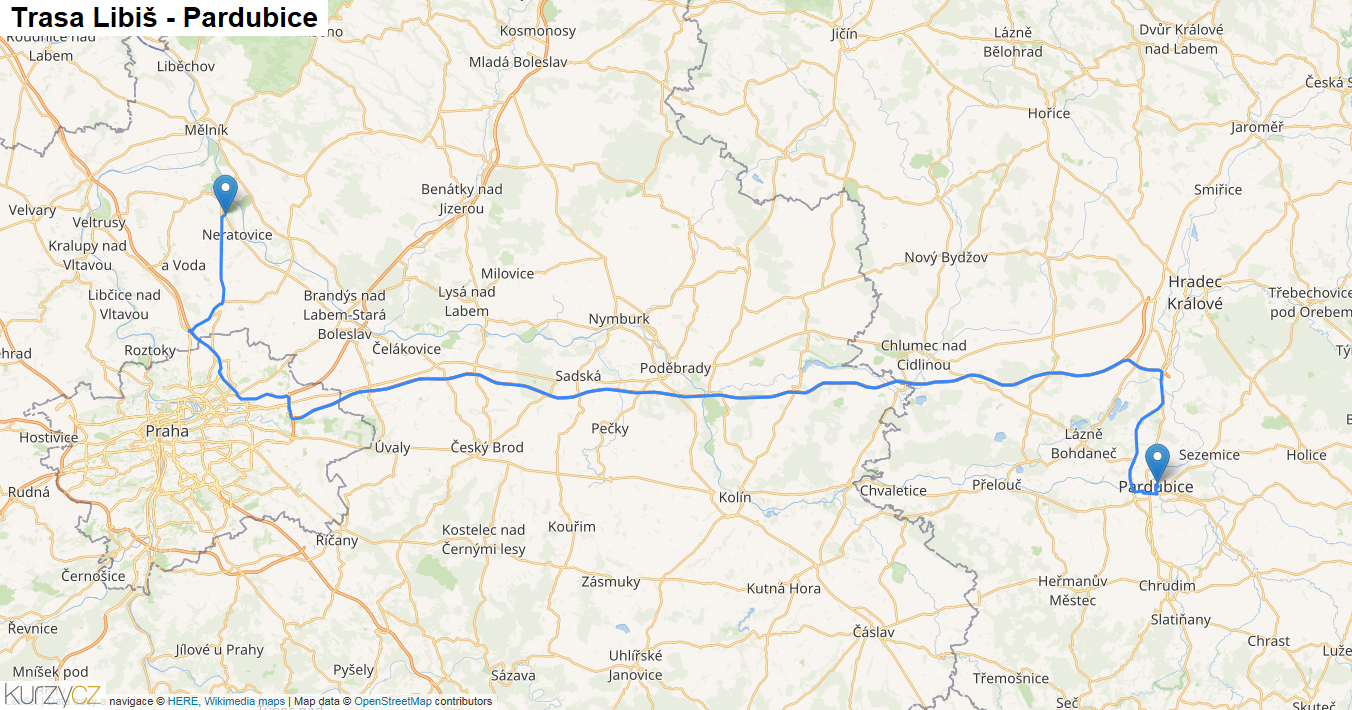 Libiš-Pardubice, mapa trasy