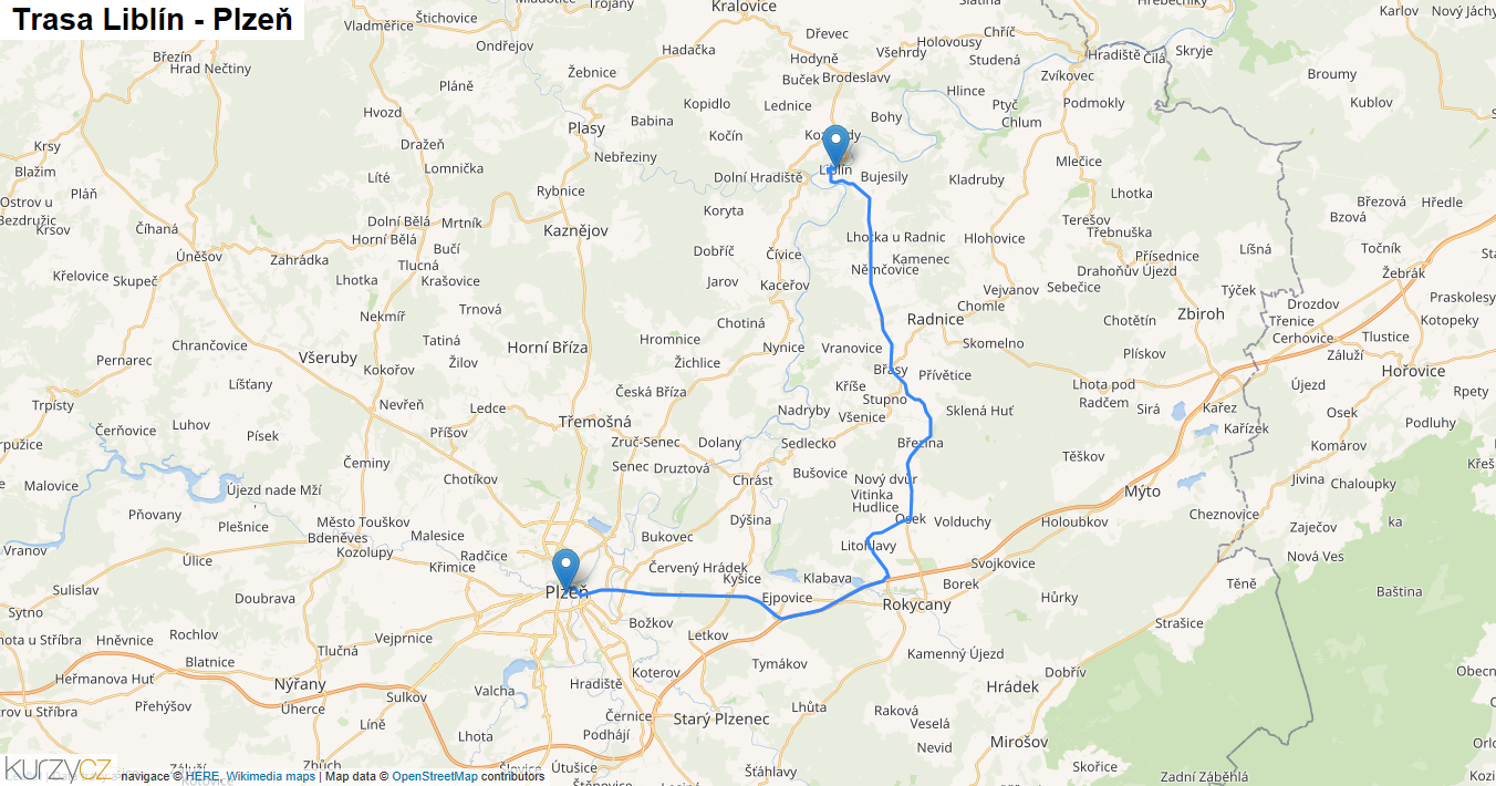 Liblín-Plzeň, mapa trasy