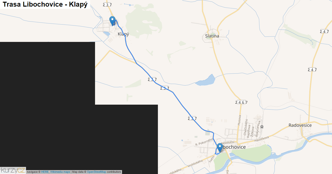 Libochovice-Klapý, mapa trasy
