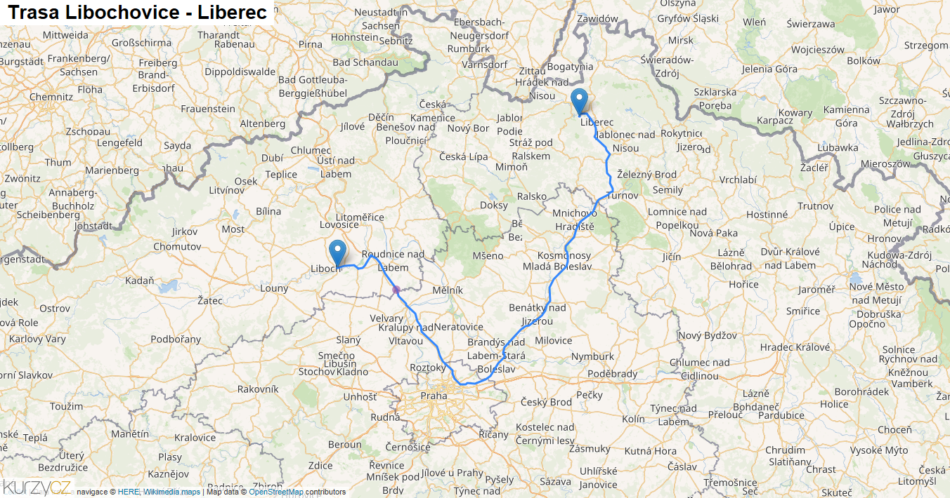 Libochovice-Liberec, mapa trasy