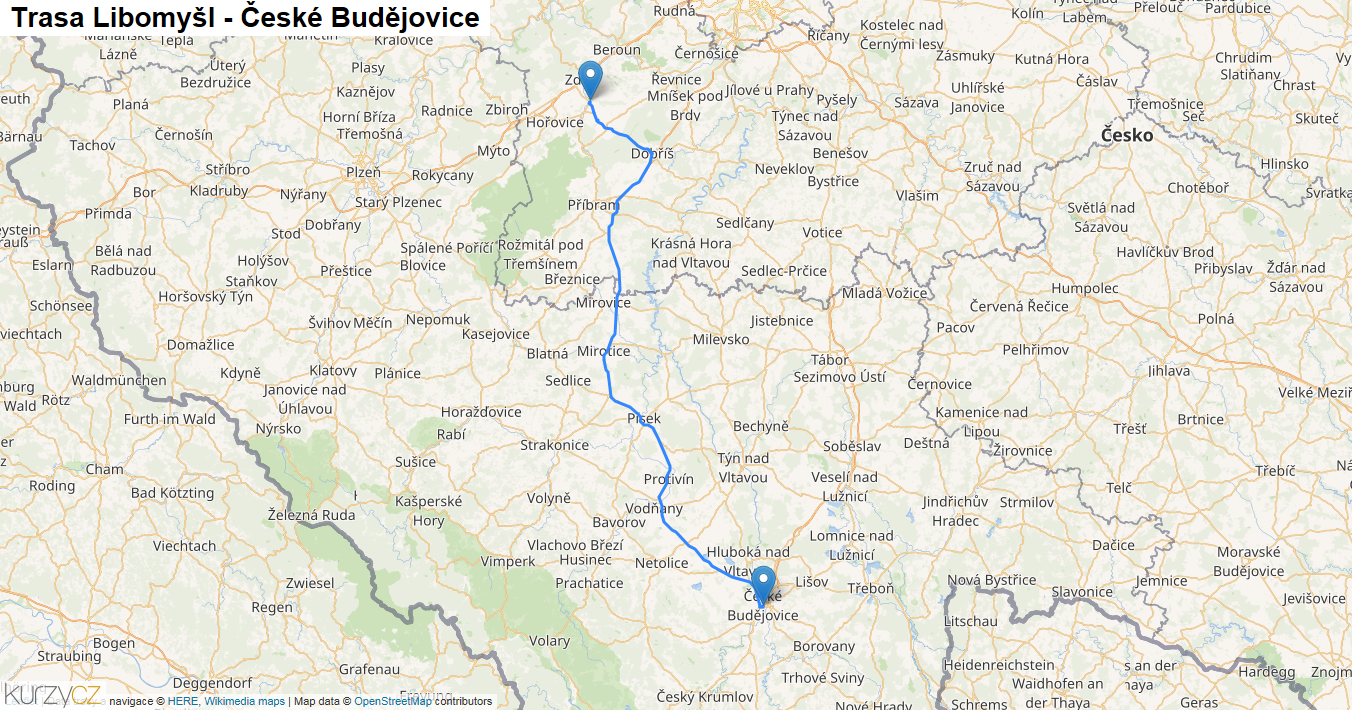 Libomyšl-České Budějovice, mapa trasy