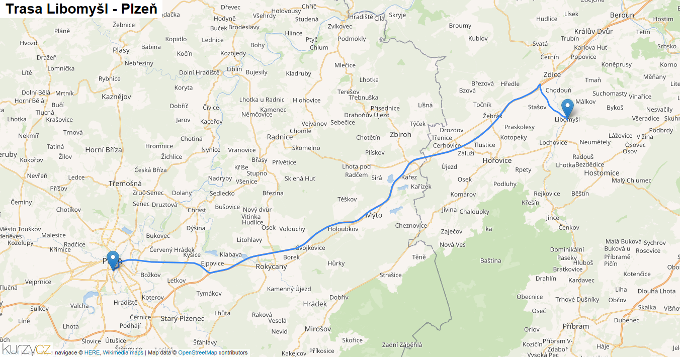Libomyšl-Plzeň, mapa trasy