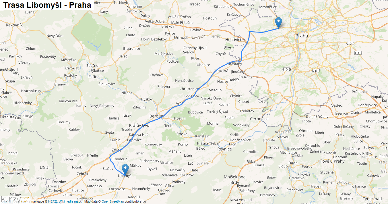 Libomyšl-Praha, mapa trasy