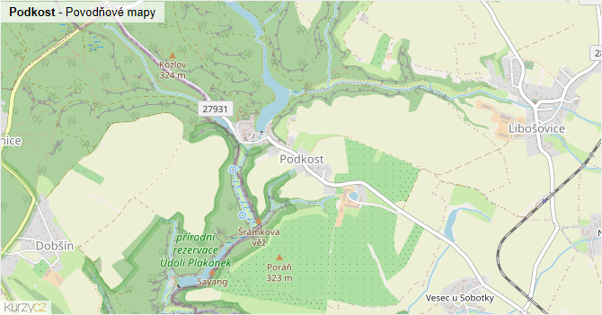 Podkost - záplavové mapy stoleté vody