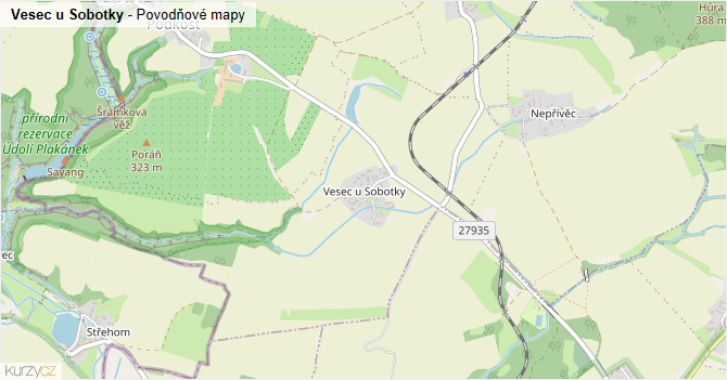 Vesec u Sobotky - záplavové mapy stoleté vody