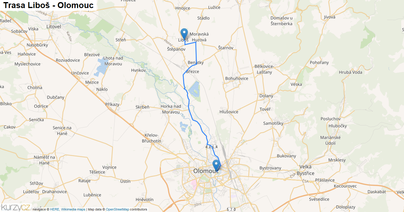 Liboš-Olomouc, mapa trasy
