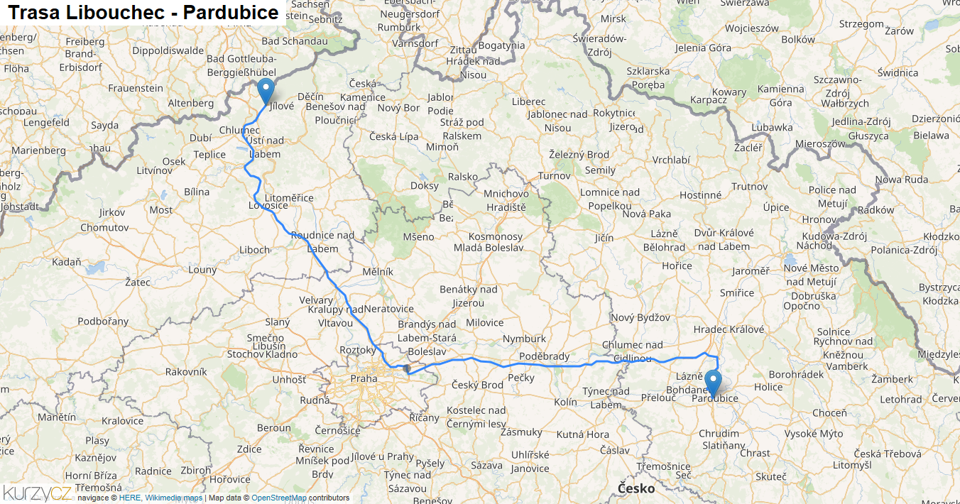 Libouchec-Pardubice, mapa trasy