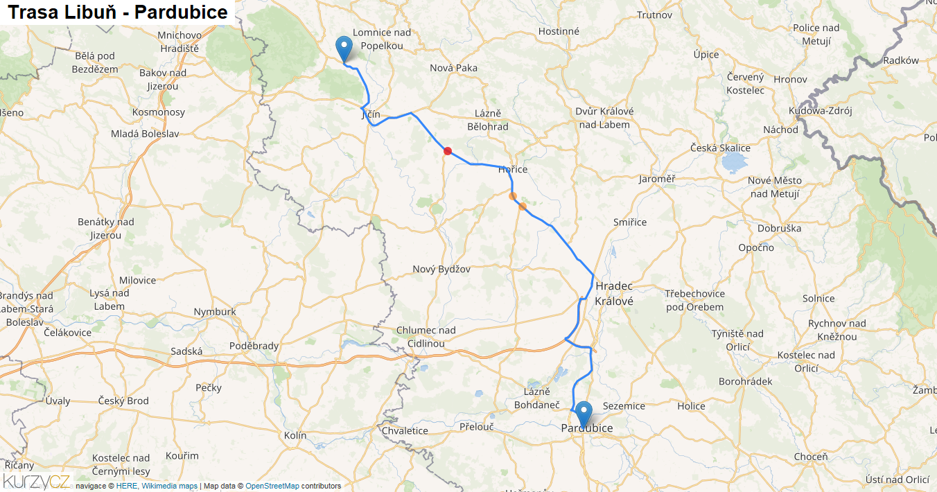 Libuň-Pardubice, mapa trasy