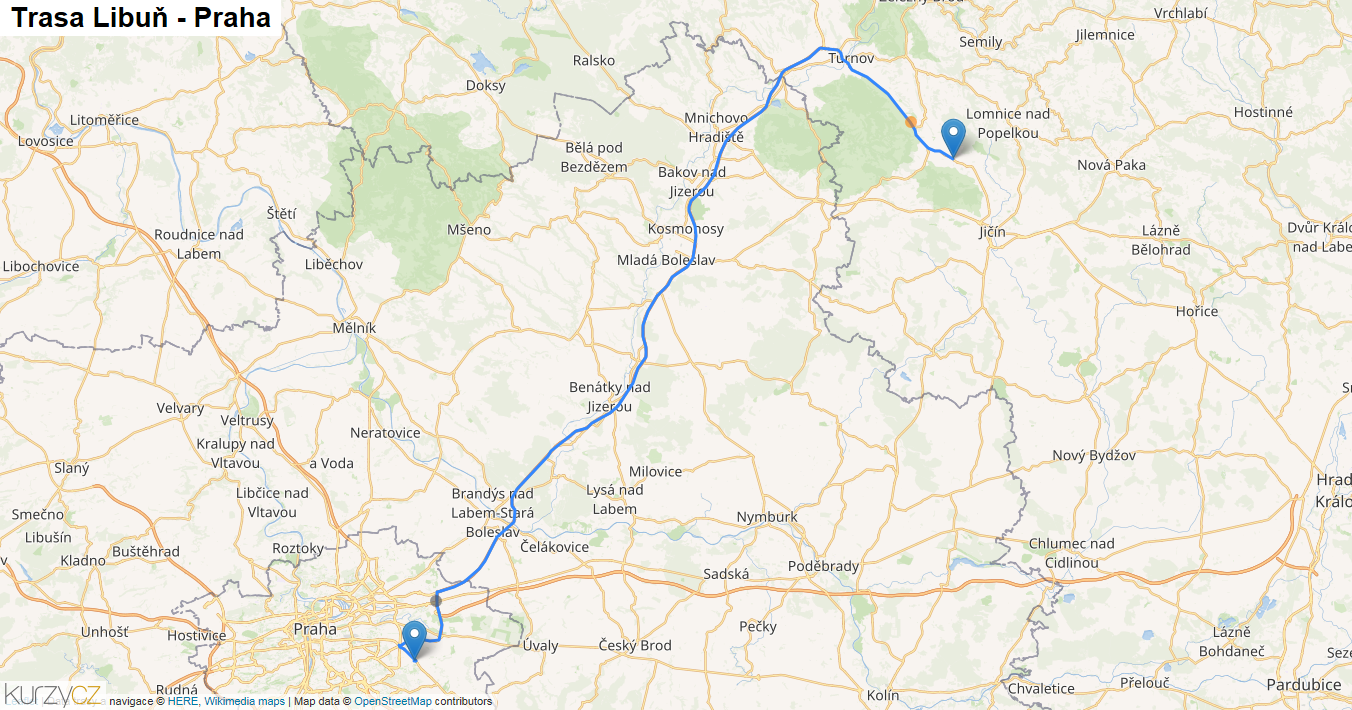 Libuň-Praha, mapa trasy