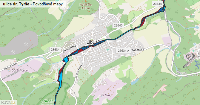 ulice dr. Tyrše - záplavové mapy stoleté vody