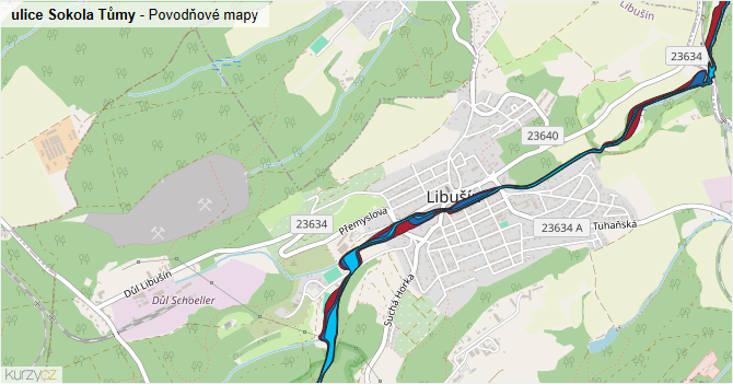 ulice Sokola Tůmy - záplavové mapy stoleté vody