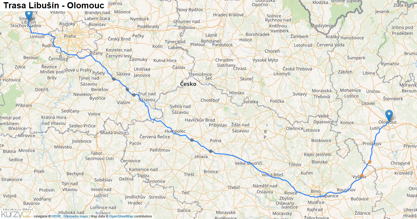 Libušín-Olomouc, mapa trasy