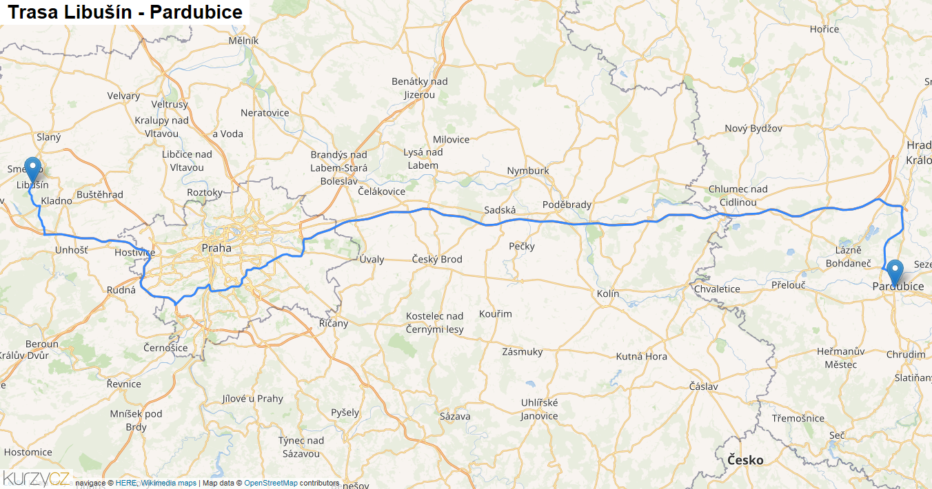 Libušín-Pardubice, mapa trasy