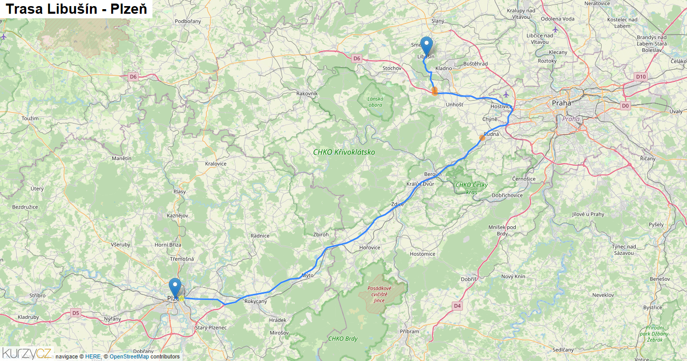 Libušín-Plzeň, mapa trasy
