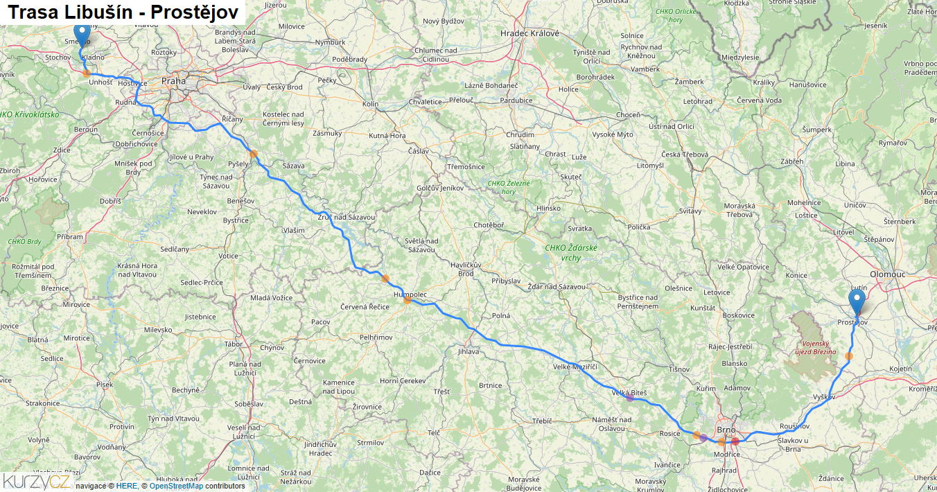 Libušín-Prostějov, mapa trasy