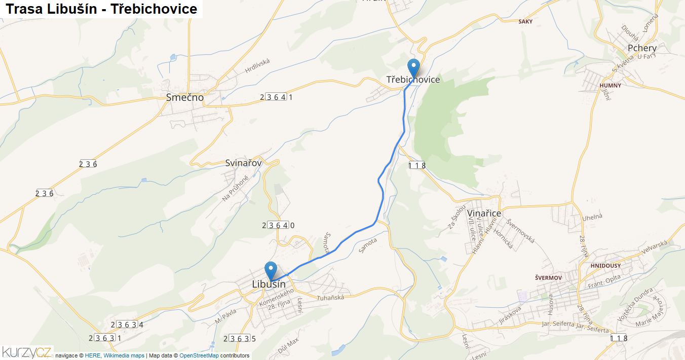 Libušín-Třebichovice, mapa trasy