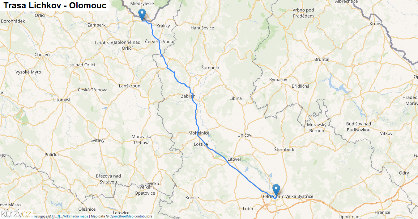 Lichkov-Olomouc, mapa trasy